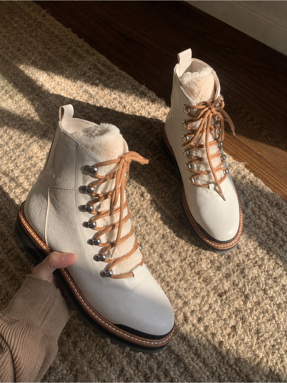 Marc Fisher Izzie White Leather Shearling Hiking Boots